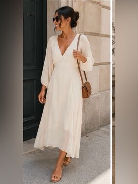 Joyfolie Sheer Cream High-Low V-Neck Dress
